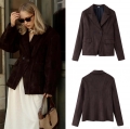 Women's Fashion Suede Like Double Breasted Blazer Jacket Slim Fit Turn Down Collar Solid Coffee Coat For Autumn Winter Streetwear