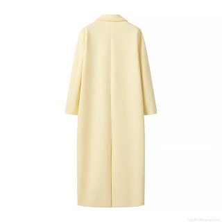 Women's Long Woolen Coat Elegant Loose Fit Polyester Blend Notched Lapel Solid Pale Yellow Overcoat Casual Autumn Winter Jacket For Women