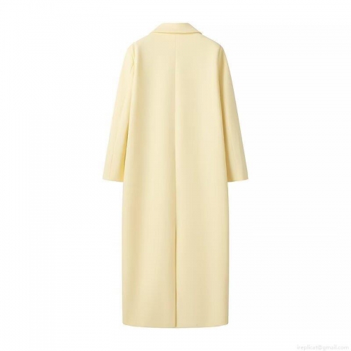 Women's Long Woolen Coat Elegant Loose Fit Polyester Blend Notched Lapel Solid Pale Yellow Overcoat Casual Autumn Winter Jacket For Women