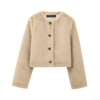 Women's Elegant Faux Fur Short Jacket Luxury Solid Color Round Neck Single Breasted Coat Suede Lining Long Sleeve Warm Outwear for Winter Autumn Streetwear Party