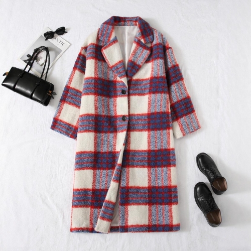 Women's Plaid Long Woolen Coat Red Blue White Checkered Lapel Long Sleeve Single Breasted Loose Overcoat Autumn Winter Outerwear For Ladies