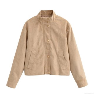Women's Faux Suede Jacket Stand Collar Single Breasted Snap Button Pocket Utility Coat Casual Loose Long Sleeve Streetwear Outerwear For Women
