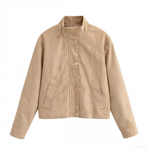 Women's Faux Suede Jacket Stand Collar Single Breasted Snap Button Pocket Utility Coat Casual Loose Long Sleeve Streetwear Outerwear For Women