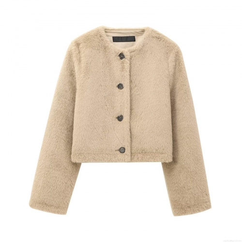 Women Elegant Faux Rabbit Fur Short Jacket Solid Color Round Neck Single Breasted Warm Plush Coat For Party Daily Streetwear Lady