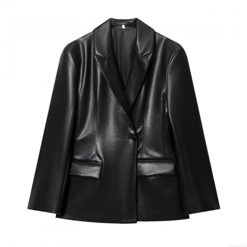 Women's Slim Fit Faux Leather Blazer Jacket Elegant Single Breasted PU Leather Lapel Long Sleeve Suit Jacket For Casual Office Party Fashion Outerwear