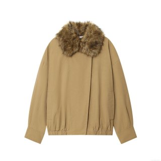 Women's Faux Fur Collar Bomber Jacket Polyester Warm Winter Coat Khaki Loose Fit Streetwear Casual Outwear For Women