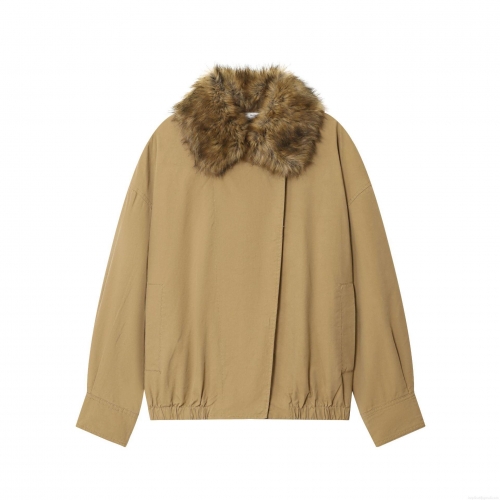 Women's Faux Fur Collar Bomber Jacket Polyester Warm Winter Coat Khaki Loose Fit Streetwear Casual Outwear For Women
