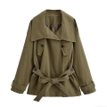 Women's Short Trench Coat 100% Polyester Sailor Collar Double Breasted Jacket With Waist Belt Casual Loose Army Green Outwear For Women