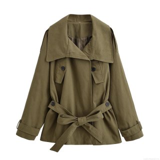 Women's Short Trench Coat 100% Polyester Sailor Collar Double Breasted Jacket With Waist Belt Casual Loose Army Green Outwear For Women