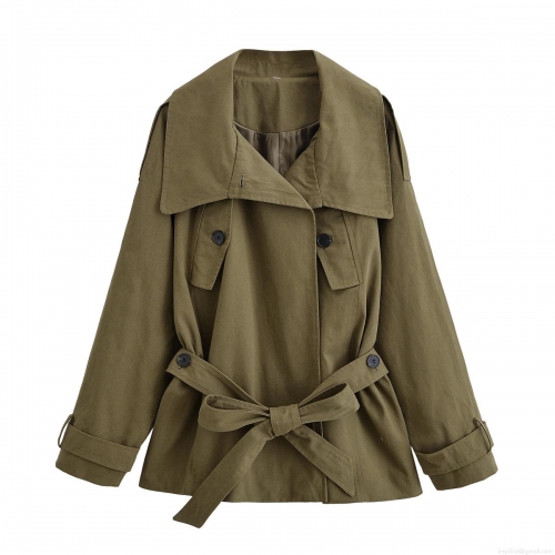 Women's Short Trench Coat 100% Polyester Sailor Collar Double Breasted Jacket With Waist Belt Casual Loose Army Green Outwear For Women