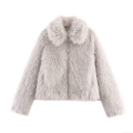 Women's Faux Fur Jacket Short Winter Coat With Zipper Lapel Collar Warm Solid Color Outwear Elegant Sophisticated Style For Ladies Party Casual Daily Wear