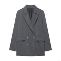Women Elegant Double Breasted Blazer Notch Lapel Solid Color Long Sleeve Suit Jacket Office Lady Commute Outerwear With Flap Pockets Polyester