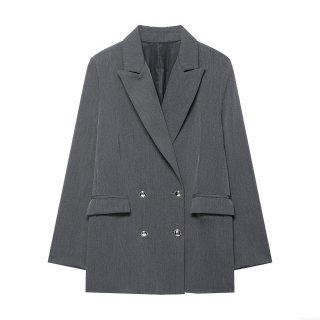 Women Elegant Double Breasted Blazer Notch Lapel Solid Color Long Sleeve Suit Jacket Office Lady Commute Outerwear With Flap Pockets Polyester