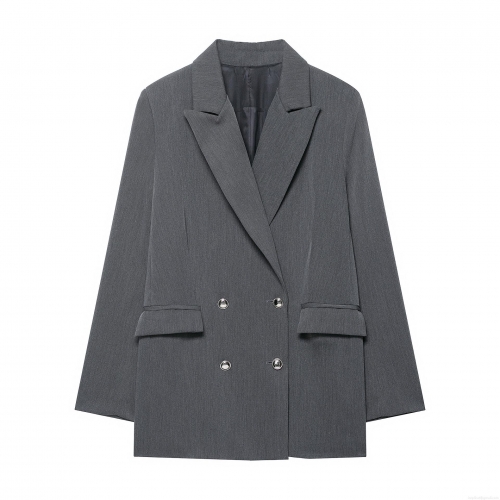 Women Elegant Double Breasted Blazer Notch Lapel Solid Color Long Sleeve Suit Jacket Office Lady Commute Outerwear With Flap Pockets Polyester