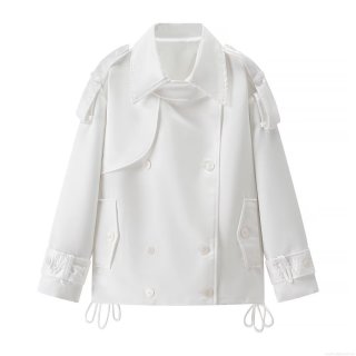 Women's Fashion Short Trench Coat Double Breasted Lapel Windbreaker Jacket With Epaulettes And Drawstring Hem Solid White Polyester Outerwear For Women Casual Office Party