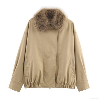 Women Faux Fur Collar Bomber Jacket Fashionable Zip Up Windproof Khaki Solid Color Short Coat Casual Commuter Polyester Outerwear For Lady