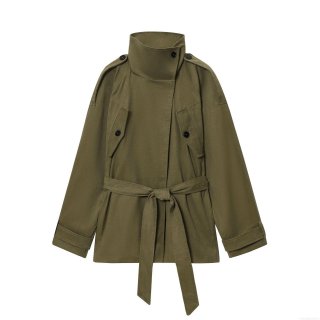 Women's Casual Army Green Trench Coat With Belt Stand Collar Shoulder Epaulets Single Breasted Mid-Length Polyester Canvas Jacket For Elegant Ladies