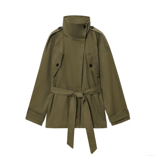 Women's Casual Army Green Trench Coat With Belt Stand Collar Shoulder Epaulets Single Breasted Mid-Length Polyester Canvas Jacket For Elegant Ladies