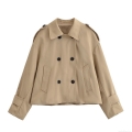 Women Elegant Khaki Short Trench Coat Double Breasted Lapel Windbreaker Jacket With Epaulettes Long Sleeve Outerwear For Office Casual Lady
