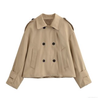 Women Elegant Khaki Short Trench Coat Double Breasted Lapel Windbreaker Jacket With Epaulettes Long Sleeve Outerwear For Office Casual Lady