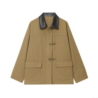 Women's Fashion Suede Jacket Vintage Contrast Leather Collar Khaki Coat With Metal Hook Buckles Loose Casual Streetwear Workwear Jacket For Women Autumn Winter