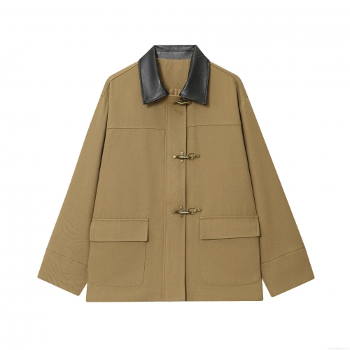 Women's Fashion Suede Jacket Vintage Contrast Leather Collar Khaki Coat With Metal Hook Buckles Loose Casual Streetwear Workwear Jacket For Women Autumn Winter
