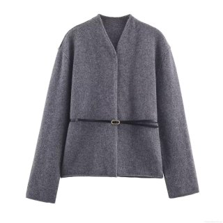 Women's Fashion Casual Short Wool Blend Jacket With Belt V-Neck Long Sleeve Outerwear For Fall Winter Elegant Grey Cardigan Coat