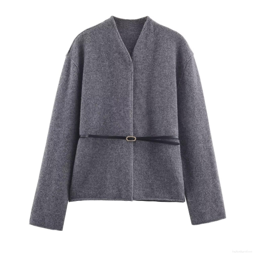 Women's Fashion Casual Short Wool Blend Jacket With Belt V-Neck Long Sleeve Outerwear For Fall Winter Elegant Grey Cardigan Coat