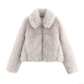 Women Fashion Faux Fur Jacket Solid Color Zipper Front Short Coat Elegant Lapel Collar Outerwear Long Sleeve Polyester Top For Autumn Winter