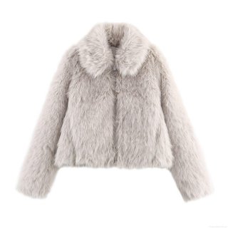 Women Fashion Faux Fur Jacket Solid Color Zipper Front Short Coat Elegant Lapel Collar Outerwear Long Sleeve Polyester Top For Autumn Winter