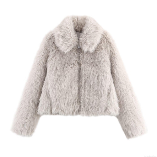 Women Fashion Faux Fur Jacket Solid Color Zipper Front Short Coat Elegant Lapel Collar Outerwear Long Sleeve Polyester Top For Autumn Winter