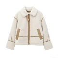 Women's Sherpa Fleece Jacket Contrast Piping Faux Shearling Coat Casual Loose Lapel Zip Up Outerwear For Winter Fall