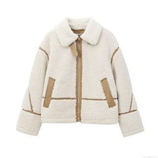 Women's Sherpa Fleece Jacket Contrast Piping Faux Shearling Coat Casual Loose Lapel Zip Up Outerwear For Winter Fall