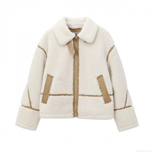 Women's Sherpa Fleece Jacket Contrast Piping Faux Shearling Coat Casual Loose Lapel Zip Up Outerwear For Winter Fall