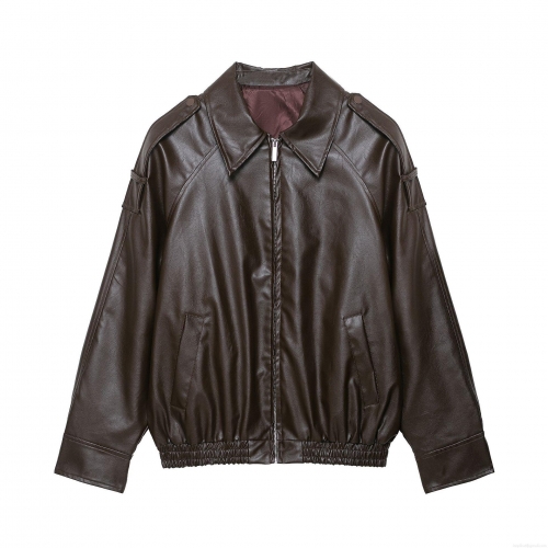 Women's Fashion Oversized PU Faux Leather Aviator Jacket Dark Brown Long Sleeve Zip Up Bomber Jacket Outwear With Pockets And Shoulder Straps