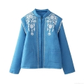 Women's Ethnic Style Embroidered Cotton Padded Jacket Long Sleeve Denim Blue Flower Print Warm Outerwear Retro Frog Button Coat For Ladies