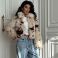Women's Elegant Faux Fur Jacket Winter Warm Leopard Print Short Coat With Lapel Collar Long Sleeve Zipper Plush Outerwear For Ladies