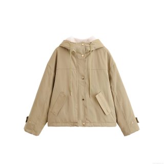 Women's Khaki Faux Fur Collar Parka Jacket Casual Hooded Outerwear With Drawstring And Metal Buttons Winter Warm Short Coat