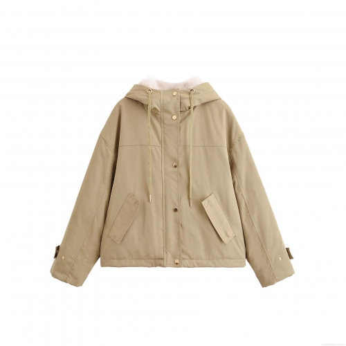 Women's Khaki Faux Fur Collar Parka Jacket Casual Hooded Outerwear With Drawstring And Metal Buttons Winter Warm Short Coat