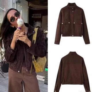 Women's Casual Faux Suede Jacket Stand Collar Zipper Loose Fit Long Sleeve Coat With Pockets Solid Brown Streetwear Outerwear For Autumn