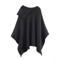 Women's Fashion Asymmetric Polyester Knit Poncho Jacket Elegant Solid Color Ribbed Zip Up Cape Outwear For Autumn Winter