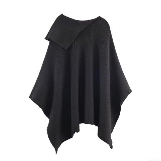 Women's Fashion Asymmetric Polyester Knit Poncho Jacket Elegant Solid Color Ribbed Zip Up Cape Outwear For Autumn Winter
