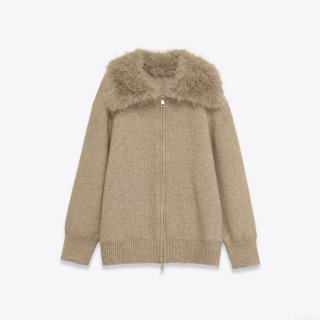 Women Fashion Knit Jacket With Faux Fur Collar Polyester Fabric Ribbed Texture Full Zip Mid-length Khaki Casual Elegant Outerwear For Women
