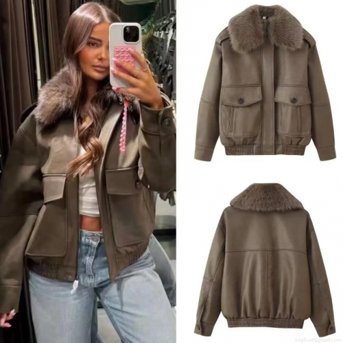 Women's Vintage Faux Leather Bomber Jacket With Detachable Faux Fur Collar Brown Retro Short PU Moto Coat For Autumn Winter Streetwear Ladies