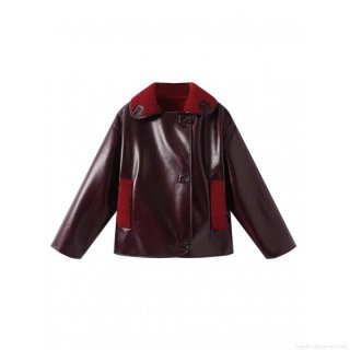Women's Wine Red Faux Leather Jacket Loose Shearling Trimmed PU Fur Integrated Warm Winter Coat Streetwear Lapel Zipper Outwear For Women Autumn Winter