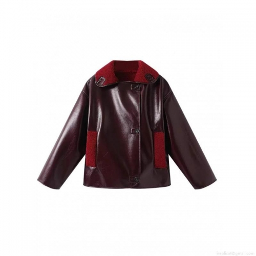 Women's Wine Red Faux Leather Jacket Loose Shearling Trimmed PU Fur Integrated Warm Winter Coat Streetwear Lapel Zipper Outwear For Women Autumn Winter