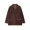 Women's Vintage Faux Suede Blazer Jacket Contrast Stitching Lapel Long Sleeve Straight Suit Coat With Pockets Casual Office Outerwear For Ladies