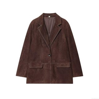 Women's Vintage Faux Suede Blazer Jacket Contrast Stitching Lapel Long Sleeve Straight Suit Coat With Pockets Casual Office Outerwear For Ladies