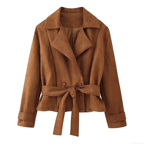 Women's Fashion Faux Suede Belted Jacket Elegant Lapel Double Breasted Long Sleeve Short Coat Autumn Winter Casual Outwear