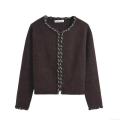 Women's Acrylic Polyester Nylon Blend Knit Jacket Contrast Braided Trim Round Neck Short Cardigan Casual Autumn Winter Long Sleeve Sweater Coat Outwear
